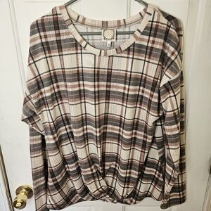 TruSelf Women's Plaid Long-sleeve Top with A Front Knot Size XL Super Soft Comfy